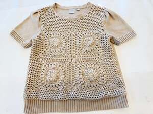 OC Tan beige Crochet Granny Square Knit Top Short Sleeve Sweater Costal